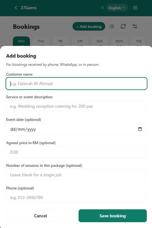 N91CE Add booking form for phone, WhatsApp, or in-person bookings