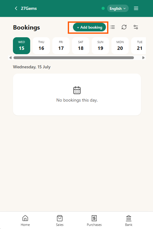 N91CE Bookings calendar with the plus Add booking button highlighted
