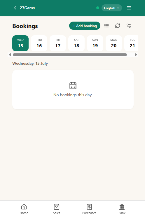 N91CE Bookings calendar showing a day-strip view