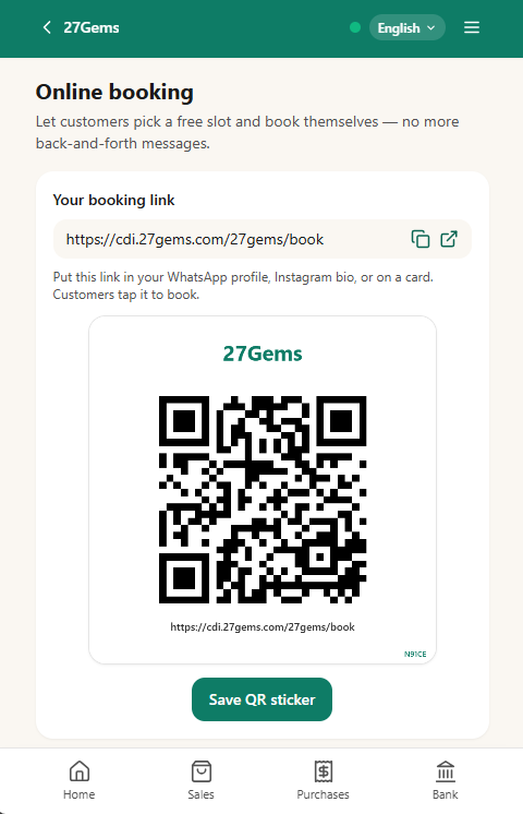 N91CE Online booking page showing the shareable booking link and QR code