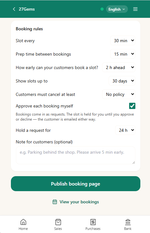 N91CE Booking rules — slot length, prep time, and approval settings