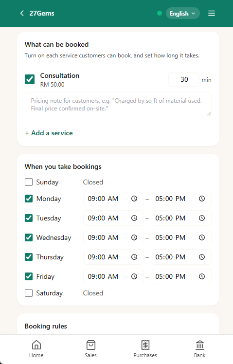 N91CE Online booking settings for services and weekly hours