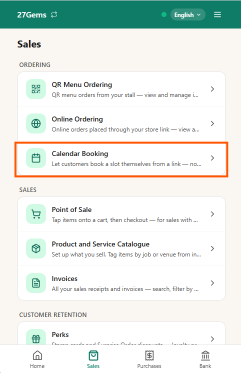 N91CE Sales tab with the Calendar Booking card highlighted