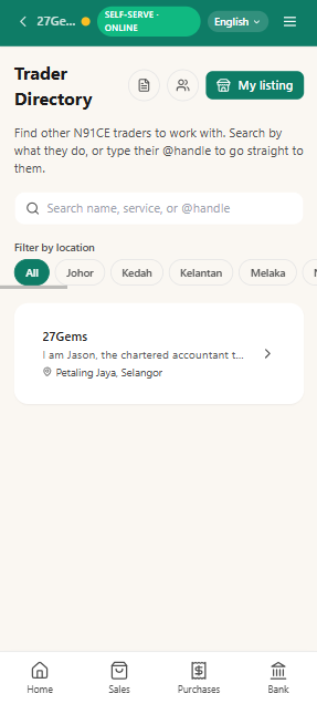N91CE Trader Directory search screen with a real listing result