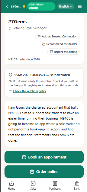 A published N91CE Trader Directory profile, showing the self-declared SSM badge, a short bio, and Book/Order actions