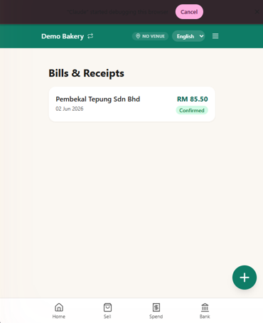 N91CE bills screen — a snapped receipt with amount and vendor auto-filled, category dropdown open