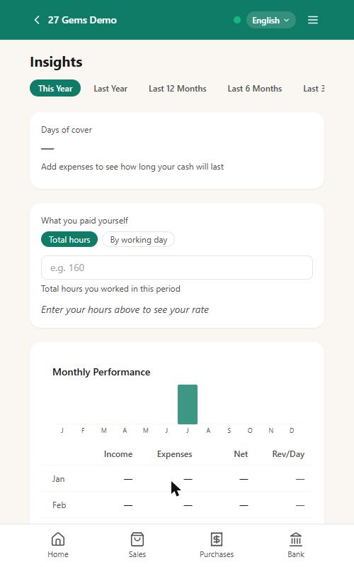 N91CE insights screen showing monthly income, expenses, and net trends