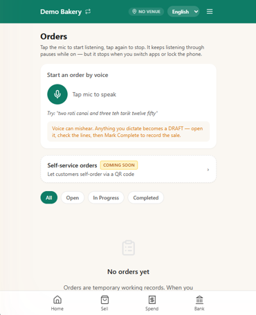 N91CE orders screen — ring up a sale by voice or tap
