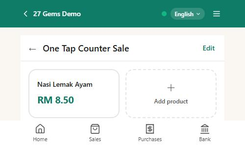 N91CE one tap counter sale screen with a pinned product
