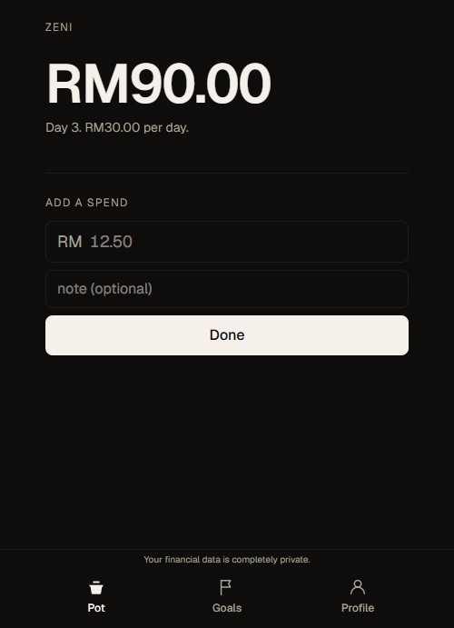 Zeni pot screen showing RM90.00 balance